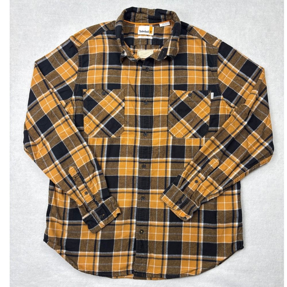 Timberland Mens XL Regular Fit Plaid Flannel Shirt Mustard Yellow Black TB0A5QQ4